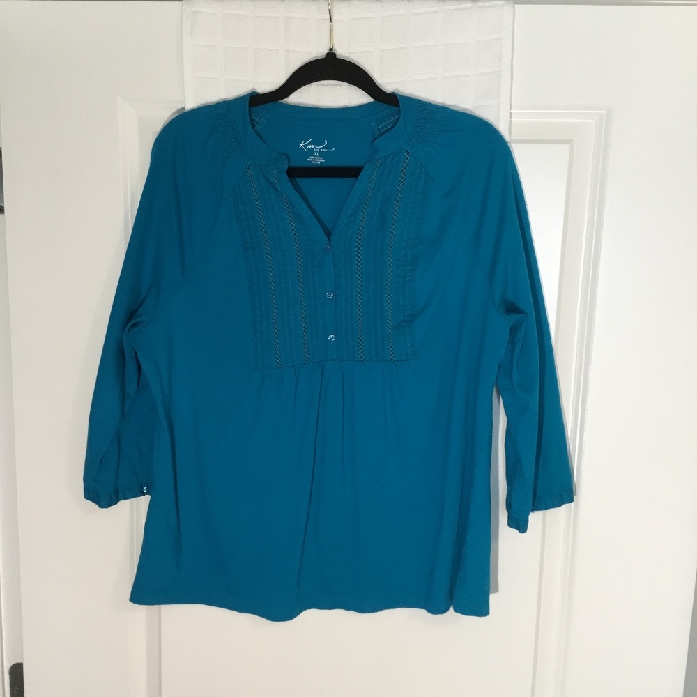 Kim Rogers Ladies Pullover V- Neck 3/4 Sleeves Top Teal Blue Size XL